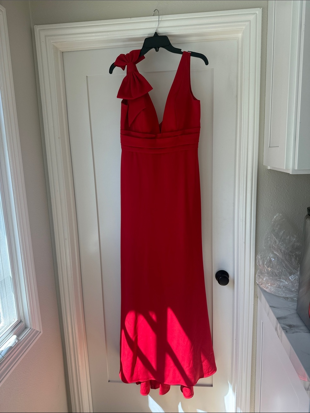 Mac Duggal Red One-Shoulder Bow-Accent Evening Gown